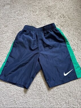 Nike Navy Shorts with Green Side Panels and White Swoosh